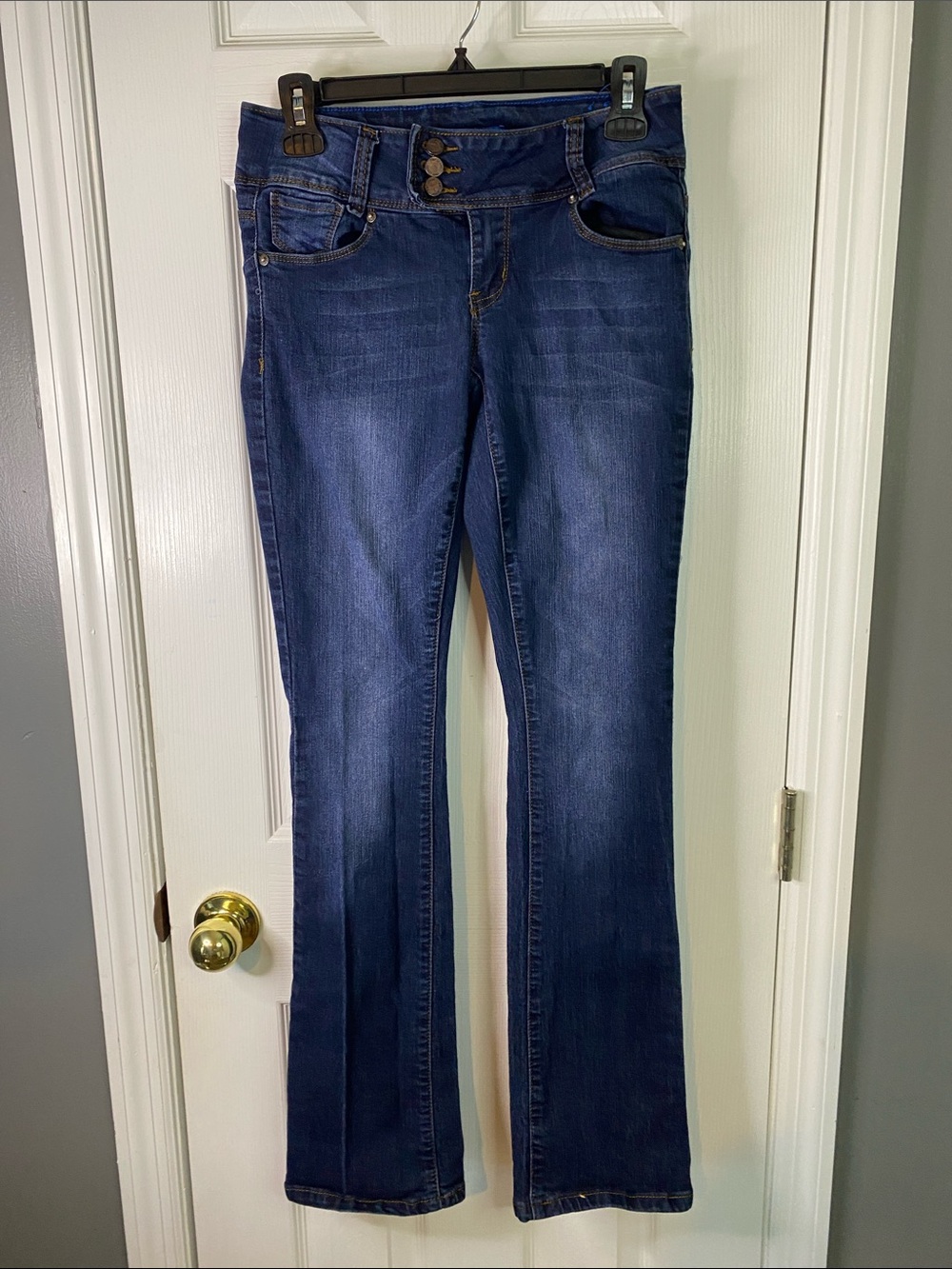 YMI Dark Blue Flared Jeans with Triple-Button Waist Size 5.